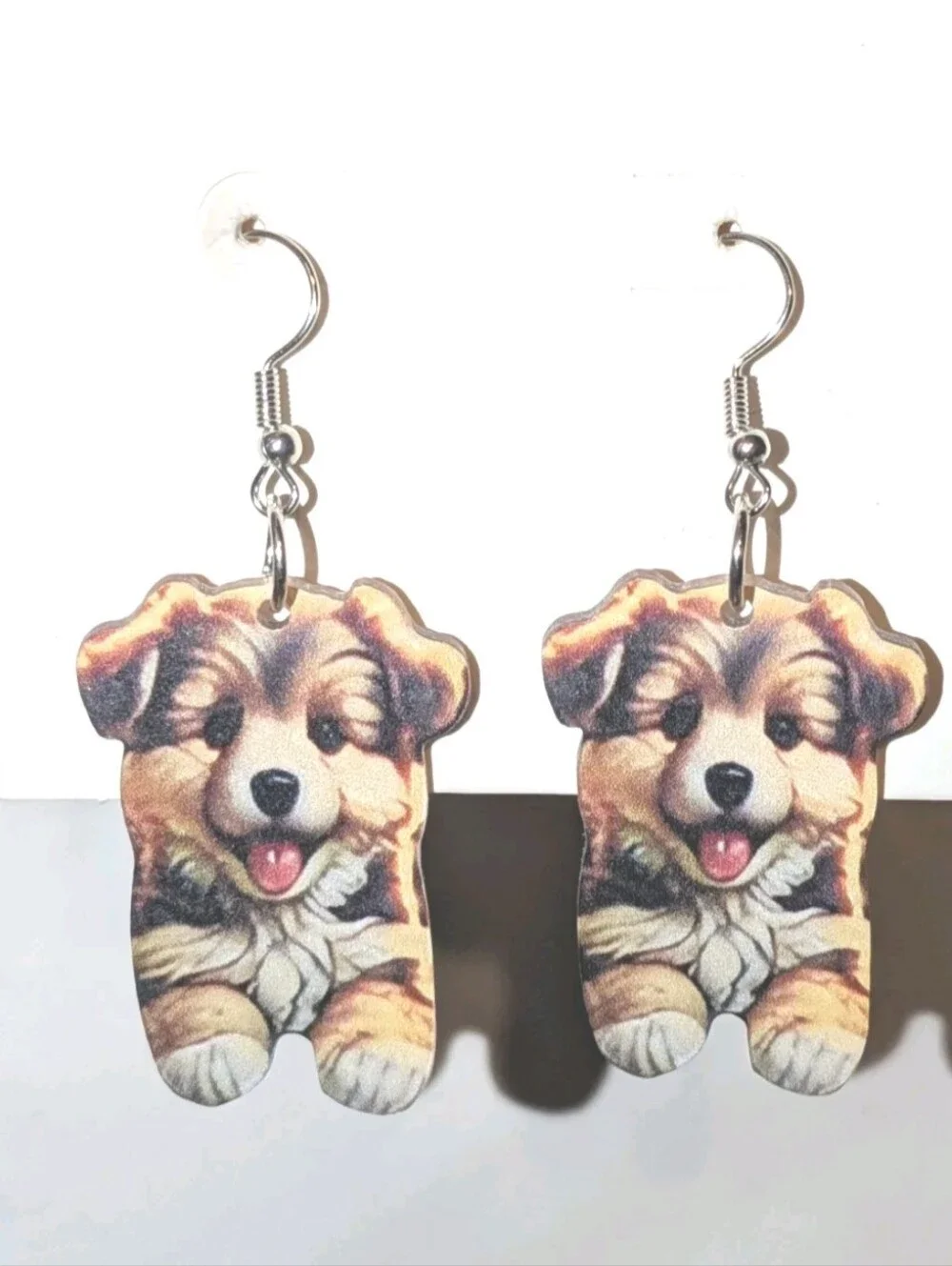 Hand Crafted Brown and Cream Puppy Dangle Earrings